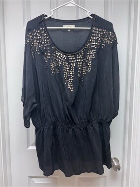 Sejour 1X Black 100% Silk Beaded Tunic Top Plus Size Boho Peasant Blouse